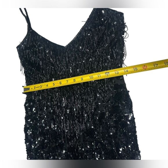 90’s Jacqueline Ferrar 100% Silk Beaded Fringe Black Dress Sleeveless Cocktail - Picture 11 of 16